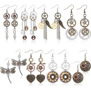 Hicarer 8 Pairs Steampunk Earrings for Women Vintage Drop Gear Earrings Dangle Antique Clockwork Mix Tone Steampunk Accessories Steam Punk Jewelry for Women Halloween Cosplay