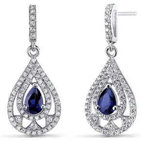 Peora Created Blue Sapphire Halo Teardrop Dangle Earrings 925 Sterling Silver, 1 Carat total Pear Shape 6x4mm, Friction Backs, Blue Drop Earrings, September Birthstone Gift