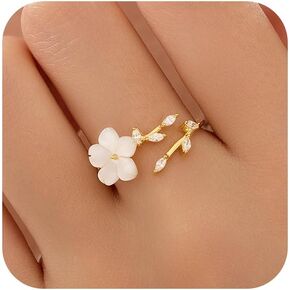 925 Sterling Silver Dainty Flower Ring for Women 14k Gold Plated Sparkling White Cubic Zirconia Leaf Ring for Mother Daughter Elegant Wedding Statement Jewelry Open Wrap Finger Band Graduation Gift