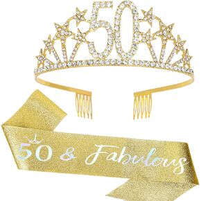 Ondder 50 عيد ميلاد و Crown for Women: Gold 50 & Fabulous Sash و Tiara لزينة حفلات عيد الميلاد