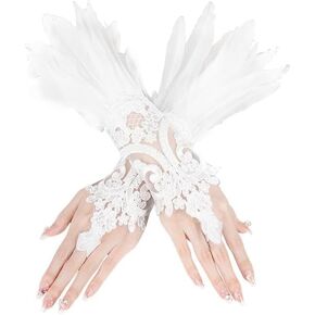 Women's Black Feather Lace Long Gloves for Halloween Costume Gloves Wrist Cuffs Sleeve Pack of 2 (white)