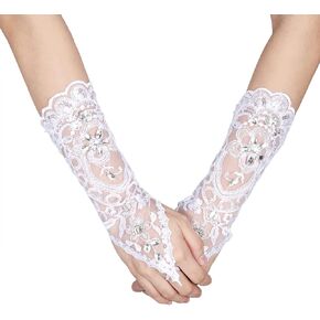 Retro Syle Ivory, Lace Flower Bride long sexy Gloves Wedding White wedding gloves kids Bridal Rhinestone Sexy Fingerless (White)