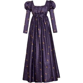 Regency Empire Jane Austen Vintage High Waistline Tea Party Ball Gown Purple Floral Puffy Sleeve Dress