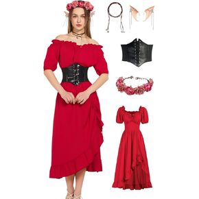 Renaissance Costume Women Ren Faire Outfit Cottage Core Medieval Corset Green Red Dress With Accessories 5PCS