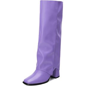 MODENCOCO Women's Knee High Boots Fold Over Wide Calf Boots Square Toe Chunky Block High Heels Long Boots Comfortable Dress Fashion Tall Boots