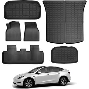 KIKIMO Floor Mats for Tesla Model Y 5-Seater 2020-2024 2025, All-Weather Cargo Liner Floor Mats for Tesla Model Y Accessories, Custom Fit Anti-Slip Front Rear Cargo Liner Full Set (NOT fit Juniper)