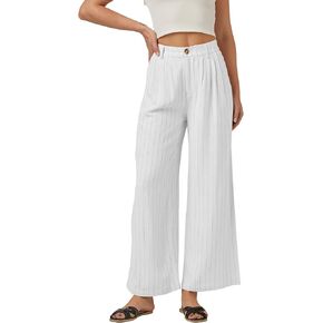 heipeiwa Women's Linen Pants Striped Culottes Summer Wide Leg Trouser Dress Casual Capris