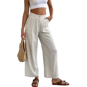 Heipeiwa نساء سروال الكتان المخطط culottes الصيف الواسعة الساق سروال سروال فستان عارض in Kuwait