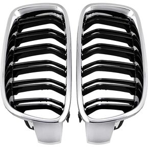 Glossy Black Frame w/Chrome Dual Slats Front Kidney Grille Grill Compatible with 2012-2018 F30 320i 328i 335i 4-Door