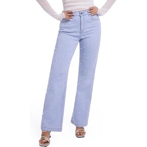 Women's Straight Jeans Pearl High Waisted Stretch Cotton Cute Jeans for Womens Trendy