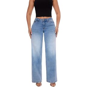 EMMIOL Jeans for Women Stretchy Mid-Low Waisted Wide Leg 2025 Trendy Casual Long Denim Pants Bottoms