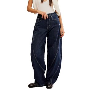 D-Sun Women's Barrel Jeans Wide Leg High Waist Denim Pants Baggy Casual Y2K Trousers Vintage with Large Side Pockets