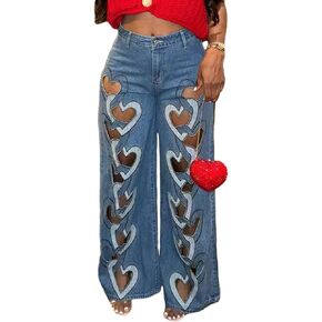Tcremisa Womens Sexy Heart Hollow Out Ripped Jeans Stretch High Waist Straight Wide Leg Cut Out Baggy Denim Pants