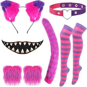 8 PCS Purple Cat Costume Kits, Cartoon Pink Purple Cat Ears Headband Love Heart Choker Furry Tail Mouth Tattoo Gloves High Tights for 101 Days of School Party Favor, Women
