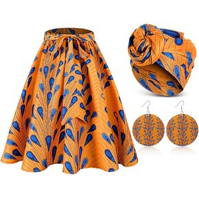 3Pcs Women African Dashiki Skirt Traditional Costume African Bohemian Head Wrap Scarf Drop Dangle Earring