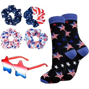 4th of July Accessories Set - 6pcs Patriotic Costume Accessories Set with Red White and Blue American Flag Socks Elastic Hair Ties Star Sunglasses Independence Day Memorial Day Party Favors