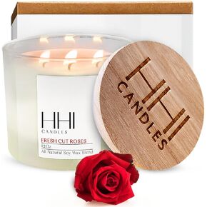 HHI Rose Scented All-Natural Soy Candle | Fresh Cut Roses | Large 12 Ounce 3 Wick | Long Burn time | Includes Bamboo Lid and Gift Box