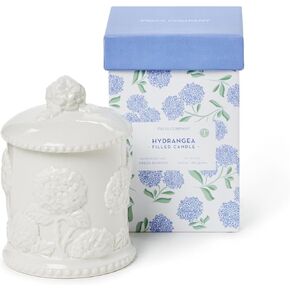 Two's Company Hydrangea Relief Filled Candle | Handcrafted Fine Bone Porcelain with Intricate Hydrangea Design | Fresh Blooms Scent | 100% Soy Wax | 30-Hour Burn Time | Elegant Gift Box
