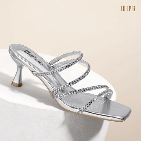 IDIFU IN2 Rhinestone Heels Strappy Low Kitten Square Open Toe Mule Heels Wedding Bridal Prom Party Dress Shoes for Women Comfortable Dressy Formal Sparkly Slip On Heeled Sandals in Saudi Arabia