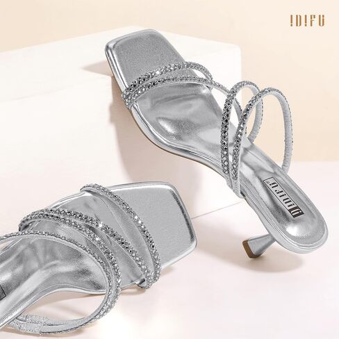 IDIFU IN2 Rhinestone Heels Strappy Low Kitten Square Open Toe Mule Heels Wedding Bridal Prom Party Dress Shoes for Women Comfortable Dressy Formal Sparkly Slip On Heeled Sandals in Saudi Arabia