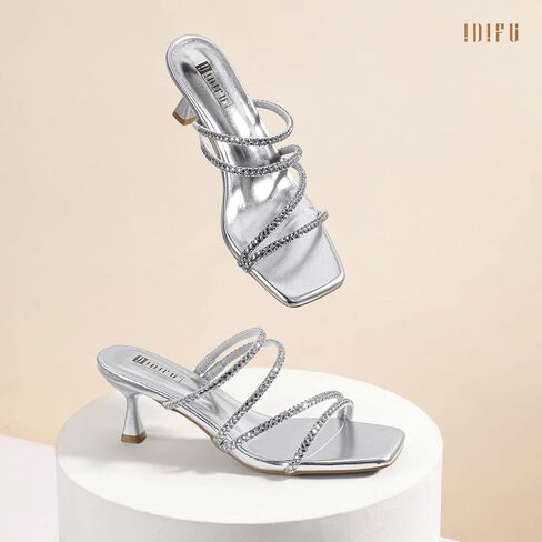 IDIFU IN2 Rhinestone Heels Strappy Low Kitten Square Open Toe Mule Heels Wedding Bridal Prom Party Dress Shoes for Women Comfortable Dressy Formal Sparkly Slip On Heeled Sandals in Saudi Arabia
