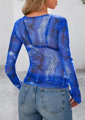 Prettygarden Womens Mesh Long Sleeve Top 2025 Spring Spring See من خلال بلوزة شديدة الفهد المجهز بالقمصان الطبقات in Saudi Arabia