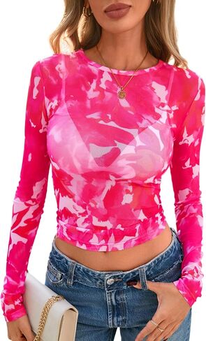 PRETTYGARDEN Womens Mesh Long Sleeve Top 2025 Trendy Spring See Through Sheer Blouse Leopard Fitted Going Out Layering Shirts in Saudi Arabia