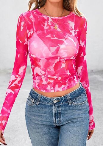 PRETTYGARDEN Womens Mesh Long Sleeve Top 2025 Trendy Spring See Through Sheer Blouse Leopard Fitted Going Out Layering Shirts in Saudi Arabia