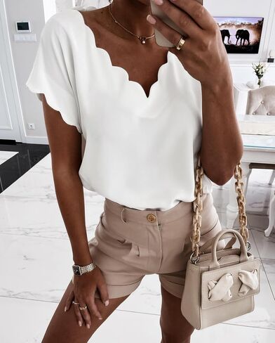 Miduo Womens Scallop Trim Summer Fashion Solid Short Batwing Sleeve v Deck Blouses Tops in Kuwait