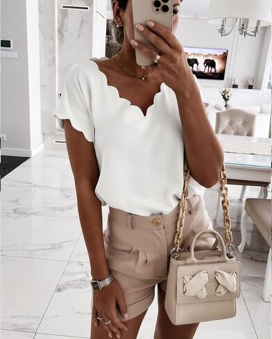 Miduo Womens Scallop Trim Summer Fashion Solid Short Batwing Sleeve v Deck Blouses Tops in Kuwait