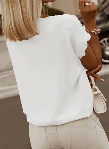 Miduo Womens Scallop Trim Summer Fashion Solid Short Batwing Sleeve v Deck Blouses Tops in Kuwait