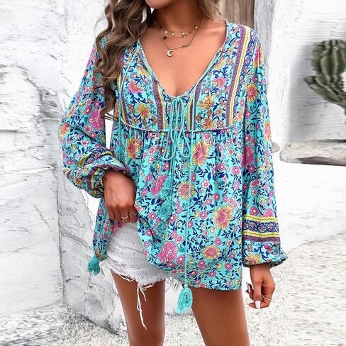Women's Casual Floral Print V Neck Top Loose Boho Long Sleeve Beach Shirts Blouses in Saudi Arabia