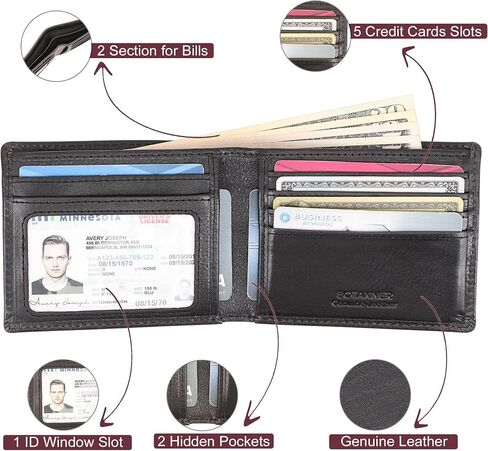 Mens Genuine Leather Bifold Wallet Slim| RFID Blocking, 8 Credit Card Slots, 2 Sections for Bills & 2 Additional Slots | For Him (Brown) in Saudi Arabia