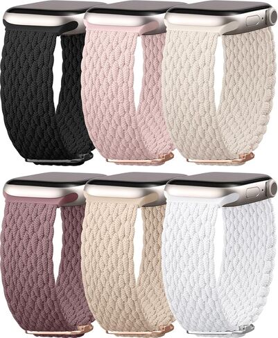 6 Pack Braided Stretchy Solo Loop Compatible with Apple Watch Bands 40mm 38mm 44mm 45mm 41mm 42mm 46mm 49mm for Women Men, Adjustable Nylo Sport Bands for iWatch Series 10 9 Ultra 8 7 6 5 4 SE in Saudi Arabia