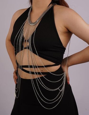 Aimimier Boho Layered Body Chain Silver Chain Tassels with Necklace Waist Bra Bikini Beach Body Jewelry for Women(Silver) in Saudi Arabia
