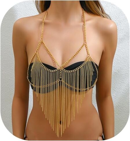 Multi-layerd Metal Tassel Chest Body Chain Summer Beach Heart Body Chain Jewelry Punk Tassel Bra Body Chain Jewelry for Women in Kuwait
