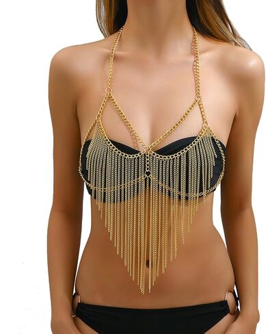 Multi-layerd Metal Tassel Chest Body Chain Summer Beach Heart Body Chain Jewelry Punk Tassel Bra Body Chain Jewelry for Women in Kuwait