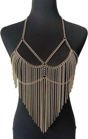 Multi-layerd Metal Tassel Chest Body Chain Summer Beach Heart Body Chain Jewelry Punk Tassel Bra Body Chain Jewelry for Women in Kuwait