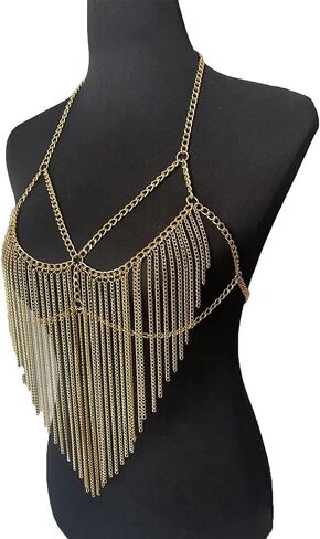 Multi-layerd Metal Tassel Chest Body Chain Summer Beach Heart Body Chain Jewelry Punk Tassel Bra Body Chain Jewelry for Women in Kuwait