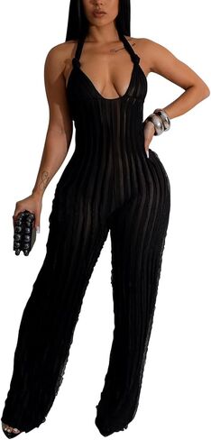 Summer Halter Jumpsuits for Women 2024 Sexy Backless V Neck Tie Romper Pleated One Piece Wide Leg Long Pants Jumpsuit in Kuwait