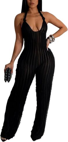 Summer Sexy Halter Jumpsuits for Women - Bodycon See Through V Neck Tie Pleated One Piece Wide Leg Long Pants Romper in Saudi Arabia