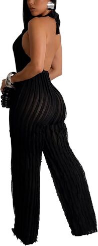 Summer Sexy Halter Jumpsuits for Women - Bodycon See Through V Neck Tie Pleated One Piece Wide Leg Long Pants Romper in Saudi Arabia