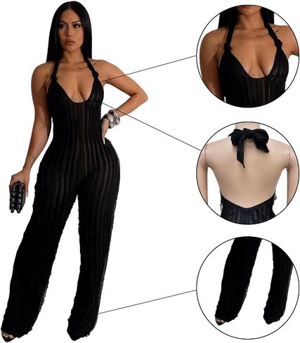 Summer Sexy Halter Jumpsuits for Women - Bodycon See Through V Neck Tie Pleated One Piece Wide Leg Long Pants Romper in Saudi Arabia