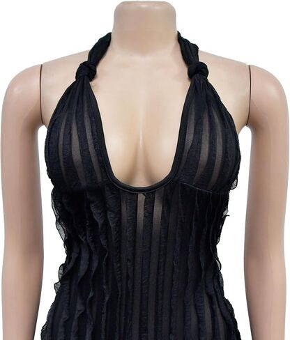 Summer Sexy Halter Jumpsuits for Women - Bodycon See Through V Neck Tie Pleated One Piece Wide Leg Long Pants Romper in Saudi Arabia