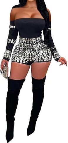 Sexy Jumpsuits For Women Off Shoulder Bodycon Club Rompers Rhinestone Sparkly Party Outfits in Saudi Arabia