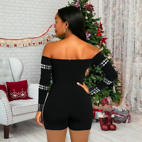 Sexy Jumpsuits For Women Off Shoulder Bodycon Club Rompers Rhinestone Sparkly Party Outfits in Saudi Arabia
