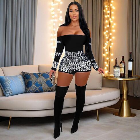 Sexy Jumpsuits For Women Off Shoulder Bodycon Club Rompers Rhinestone Sparkly Party Outfits in Saudi Arabia