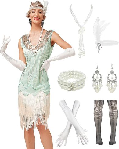 1920s Vintage Inspired Sequin Embellished Fringe V Neck Gatsby Costume Dress w/ 20s Headband Accessories Set in Saudi Arabia