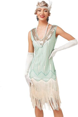 1920s Vintage Inspired Sequin Embellished Fringe V Neck Gatsby Costume Dress w/ 20s Headband Accessories Set in Saudi Arabia