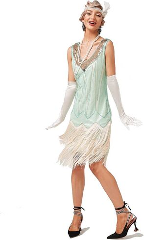 1920s Vintage Inspired Sequin Embellished Fringe V Neck Gatsby Costume Dress w/ 20s Headband Accessories Set in Saudi Arabia